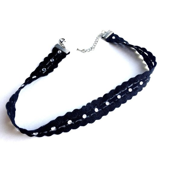 Elastic choker handmade black elastic lace necklace faux miniature rhinestones - Picture 5 of 8